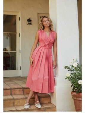 LUCY PARIS | Ilona Cotton Midi Dress in Coral  with Floral Applique Belt Size 2X
